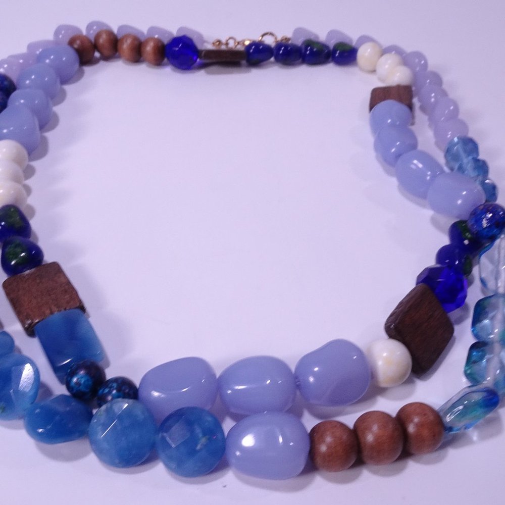 Ann Taylor  Lucite Blue Bead White Stone Wood round Square Long Layer Necklace